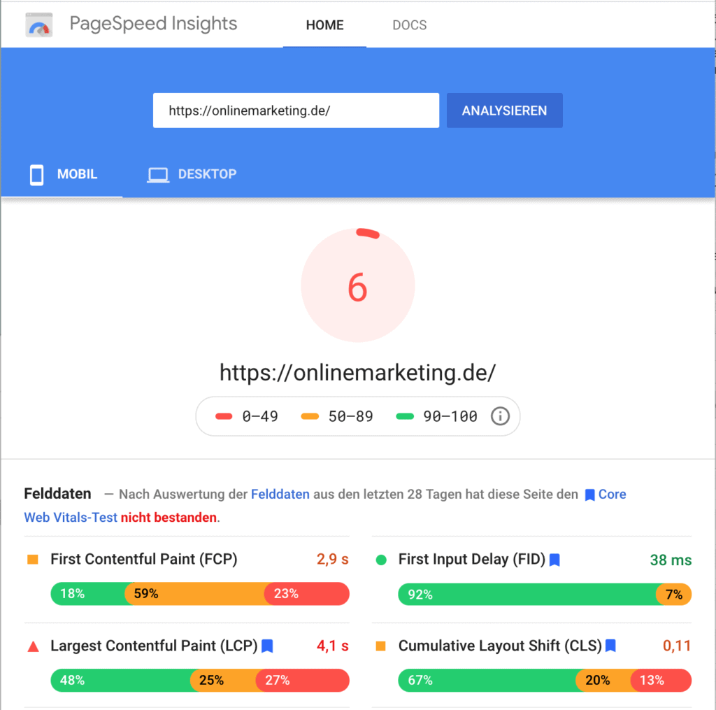 PageSpeed Insights Ergebnis von onlinemarketing.de für Mobilgeräte.