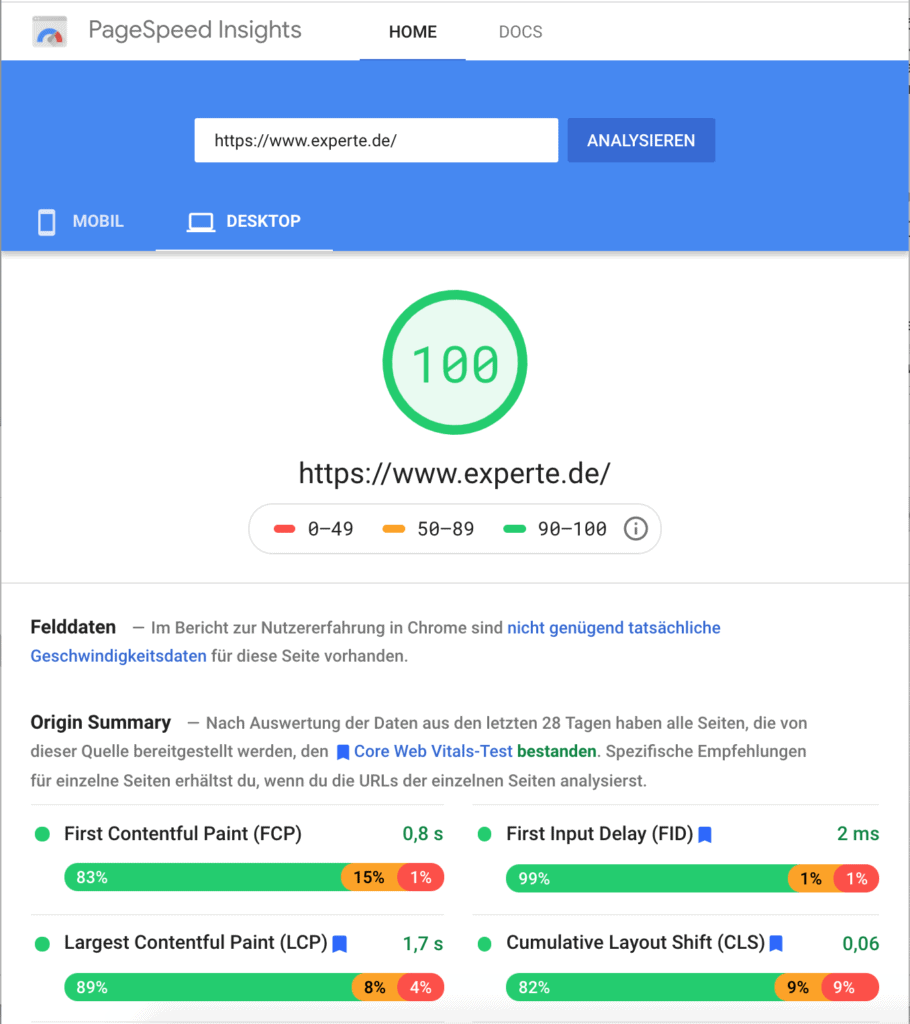 PageSpeed Insights Ergebnis von www.experte.de für Desktop.
