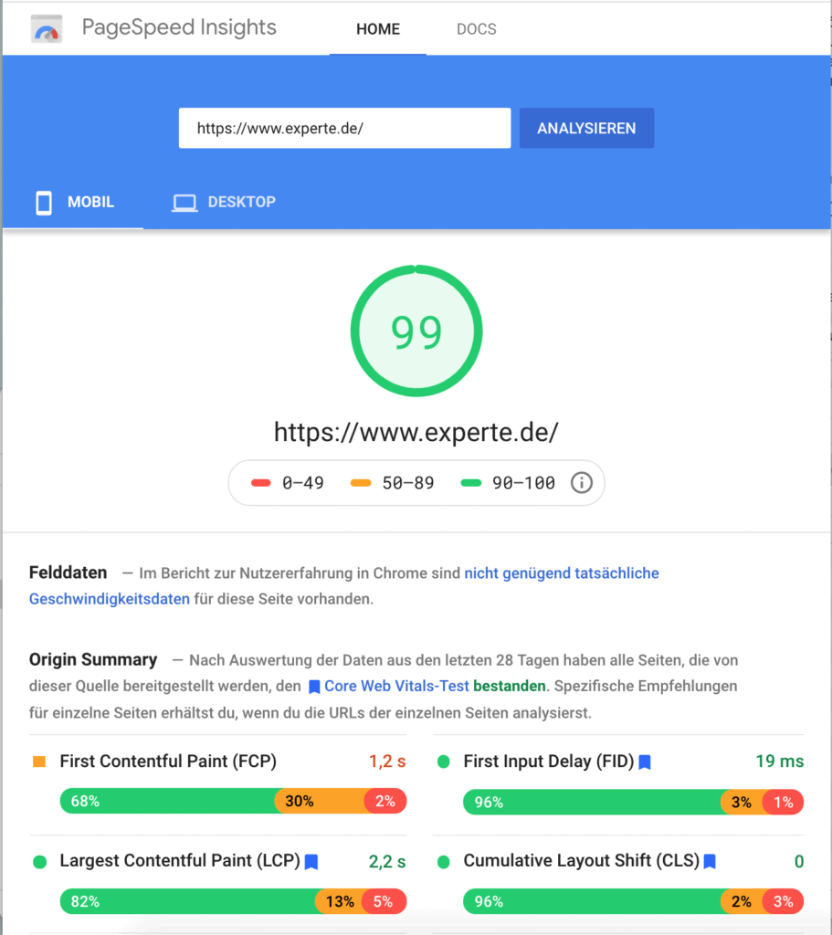 PageSpeed Insights Ergebnis von www.experte.de für Mobilgeräte.