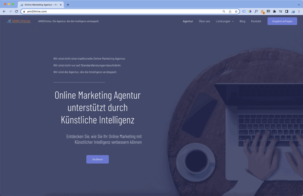 Die Website unserer Online Marketing Agentur ANN2thrive haben wir auf Basis eines Website Templates erstellt