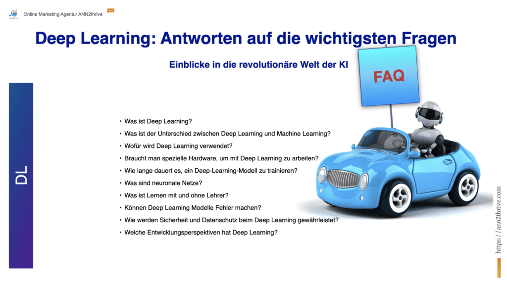 Titel: Deep Learning Demystified: Top Questions Answered Untertitel: Insights into the Revolutionary World of Advanced AI Hauptaussagen: Was ist Deep Learning? Was ist der Unterschied zwischen Deep Learning und Machine Learning? Wofür wird Deep Learning verwendet? Braucht man spezielle Hardware, um mit Deep Learning zu arbeiten? Wie lange dauert es, ein Deep-Learning-Modell zu trainieren? Was sind neuronale Netze? Was ist Lernen mit und ohne Lehrer? Können Deep Learning Modelle Fehler machen? Wie werden Sicherheit und Datenschutz beim Deep Learning gewährleistet? Welche Entwicklungsperspektiven hat Deep Learning?