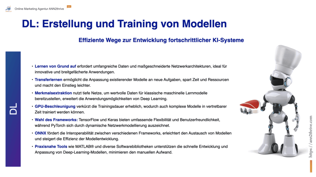Titel: Meisterung des Deep Learnings: Erstellung und Training von Modellen Untertitel: Effiziente Wege zur Entwicklung fortschrittlicher KI-Systeme Hauptaussagen: Lernen von Grund auf erfordert umfangreiche Daten und maßgeschneiderte Netzwerkarchitekturen, ideal für innovative und breitgefächerte Anwendungen. Transferlernen ermöglicht die Anpassung existierender Modelle an neue Aufgaben, spart Zeit und Ressourcen und macht den Einstieg leichter. Merkmalsextraktion nutzt tiefe Netze, um wertvolle Daten für klassische maschinelle Lernmodelle bereitzustellen, erweitert die Anwendungsmöglichkeiten von Deep Learning. GPU-Beschleunigung verkürzt die Trainingsdauer erheblich, wodurch auch komplexe Modelle in vertretbarer Zeit trainiert werden können. Wahl des Frameworks: TensorFlow und Keras bieten umfassende Flexibilität und Benutzerfreundlichkeit, während PyTorch sich durch dynamische Netzwerkmodellierung auszeichnet. ONNX fördert die Interoperabilität zwischen verschiedenen Frameworks, erleichtert den Austausch von Modellen und steigert die Effizienz der Modellentwicklung. Praxisnahe Tools wie MATLAB® und diverse Softwarebibliotheken unterstützen die schnelle Entwicklung und Anpassung von Deep-Learning-Modellen, minimieren den manuellen Aufwand.