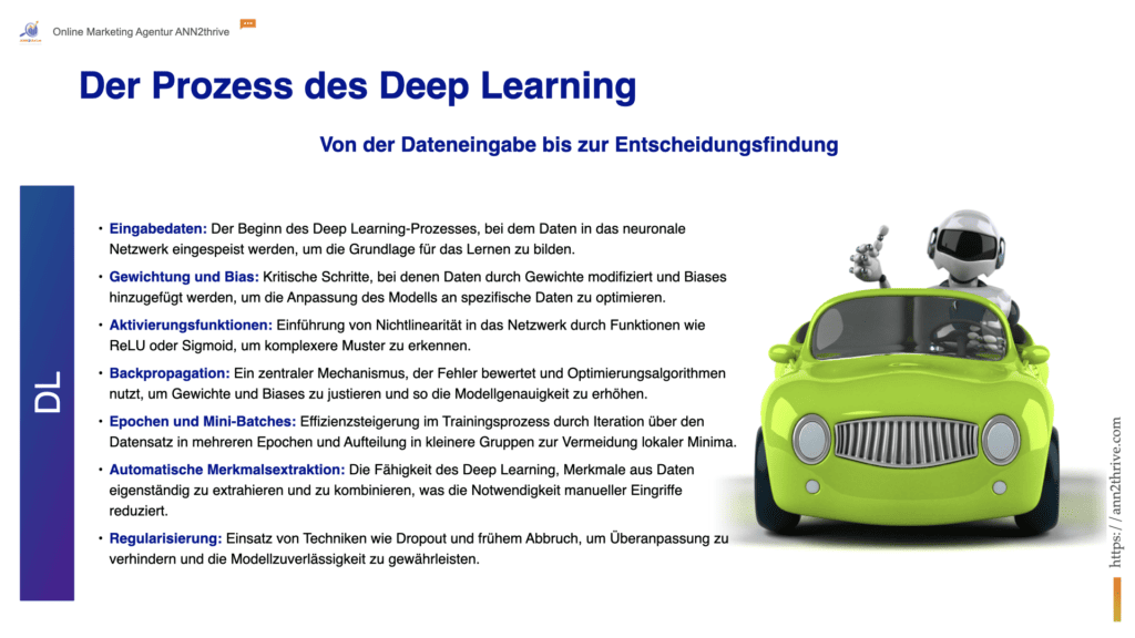 Titel: Der Prozess des Deep Learning Untertitel: Von der Dateneingabe bis zur Entscheidungsfindung Hauptaussagen: Eingabedaten: Der Beginn des Deep Learning-Prozesses, bei dem Daten in das neuronale Netzwerk eingespeist werden, um die Grundlage für das Lernen zu bilden. Gewichtung und Bias: Kritische Schritte, bei denen Daten durch Gewichte modifiziert und Biases hinzugefügt werden, um die Anpassung des Modells an spezifische Daten zu optimieren. Aktivierungsfunktionen: Einführung von Nichtlinearität in das Netzwerk durch Funktionen wie ReLU oder Sigmoid, um komplexere Muster zu erkennen. Backpropagation: Ein zentraler Mechanismus, der Fehler bewertet und Optimierungsalgorithmen nutzt, um Gewichte und Biases zu justieren und so die Modellgenauigkeit zu erhöhen. Epochen und Mini-Batches: Effizienzsteigerung im Trainingsprozess durch Iteration über den Datensatz in mehreren Epochen und Aufteilung in kleinere Gruppen zur Vermeidung lokaler Minima. Automatische Merkmalsextraktion: Die Fähigkeit des Deep Learning, Merkmale aus Daten eigenständig zu extrahieren und zu kombinieren, was die Notwendigkeit manueller Eingriffe reduziert. Regularisierung: Einsatz von Techniken wie Dropout und frühem Abbruch, um Überanpassung zu verhindern und die Modellzuverlässigkeit zu gewährleisten.