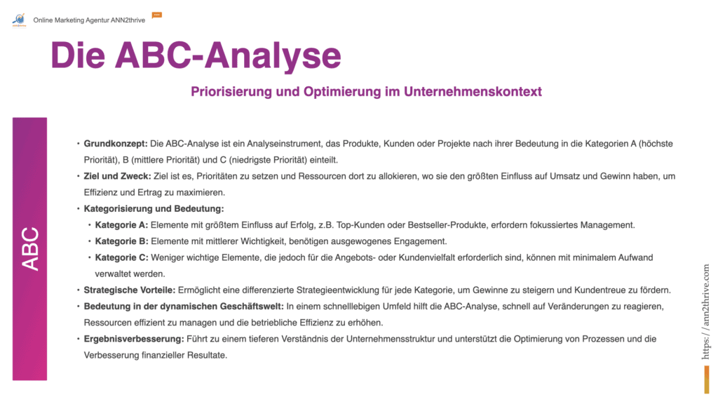 Titel: Effektive Ressourcennutzung durch ABC-Analyse Untertitel: Priorisierung und Optimierung im Unternehmenskontext Hauptaussagen: Grundkonzept: Die ABC-Analyse ist ein Analyseinstrument, das Produkte, Kunden oder Projekte nach ihrer Bedeutung in die Kategorien A (höchste Priorität), B (mittlere Priorität) und C (niedrigste Priorität) einteilt. Ziel und Zweck: Ziel ist es, Prioritäten zu setzen und Ressourcen dort zu allokieren, wo sie den größten Einfluss auf Umsatz und Gewinn haben, um Effizienz und Ertrag zu maximieren. Kategorisierung und Bedeutung: Kategorie A: Elemente mit größtem Einfluss auf Erfolg, z.B. Top-Kunden oder Bestseller-Produkte, erfordern fokussiertes Management. Kategorie B: Elemente mit mittlerer Wichtigkeit, benötigen ausgewogenes Engagement. Kategorie C: Weniger wichtige Elemente, die jedoch für die Angebots- oder Kundenvielfalt erforderlich sind, können mit minimalem Aufwand verwaltet werden. Strategische Vorteile: Ermöglicht eine differenzierte Strategieentwicklung für jede Kategorie, um Gewinne zu steigern und Kundentreue zu fördern. Bedeutung in der dynamischen Geschäftswelt: In einem schnelllebigen Umfeld hilft die ABC-Analyse, schnell auf Veränderungen zu reagieren, Ressourcen effizient zu managen und die betriebliche Effizienz zu erhöhen. Ergebnisverbesserung: Führt zu einem tieferen Verständnis der Unternehmensstruktur und unterstützt die Optimierung von Prozessen und die Verbesserung finanzieller Resultate.