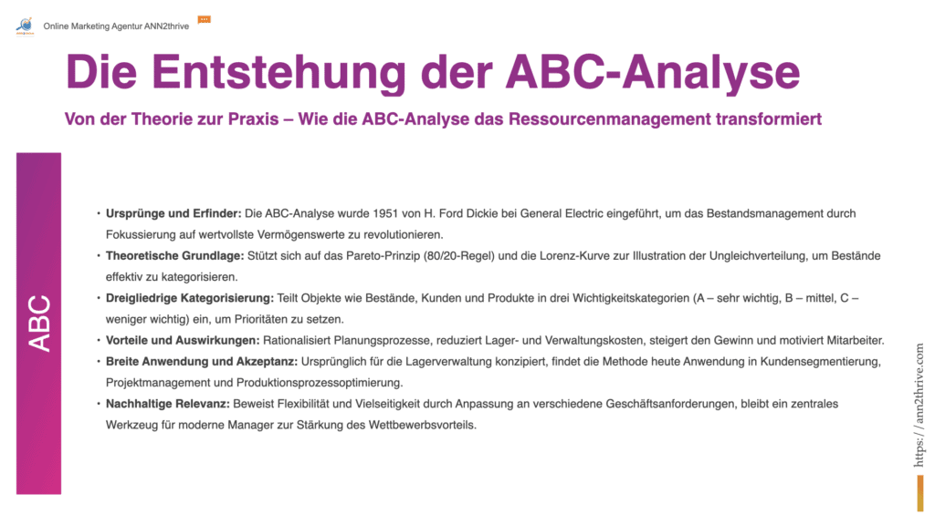 Titel: Die Revolutionierung des Bestandsmanagements: Die Entstehung der ABC-Analyse Untertitel: Von der Theorie zur Praxis – Wie die ABC-Analyse das Ressourcenmanagement transformiert Hauptaussagen: Ursprünge und Erfinder: Die ABC-Analyse wurde 1951 von H. Ford Dickie bei General Electric eingeführt, um das Bestandsmanagement durch Fokussierung auf wertvollste Vermögenswerte zu revolutionieren. Theoretische Grundlage: Stützt sich auf das Pareto-Prinzip (80/20-Regel) und die Lorenz-Kurve zur Illustration der Ungleichverteilung, um Bestände effektiv zu kategorisieren. Dreigliedrige Kategorisierung: Teilt Objekte wie Bestände, Kunden und Produkte in drei Wichtigkeitskategorien (A – sehr wichtig, B – mittel, C – weniger wichtig) ein, um Prioritäten zu setzen. Vorteile und Auswirkungen: Rationalisiert Planungsprozesse, reduziert Lager- und Verwaltungskosten, steigert den Gewinn und motiviert Mitarbeiter. Breite Anwendung und Akzeptanz: Ursprünglich für die Lagerverwaltung konzipiert, findet die Methode heute Anwendung in Kundensegmentierung, Projektmanagement und Produktionsprozessoptimierung. Nachhaltige Relevanz: Beweist Flexibilität und Vielseitigkeit durch Anpassung an verschiedene Geschäftsanforderungen, bleibt ein zentrales Werkzeug für moderne Manager zur Stärkung des Wettbewerbsvorteils.