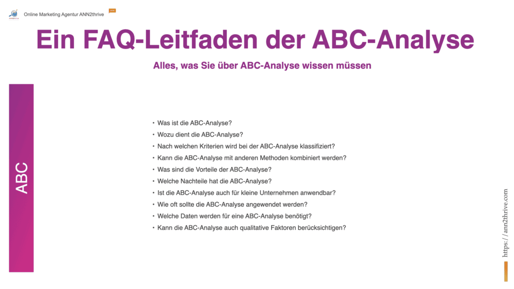 Titel: Grundlagen der ABC-Analyse: Ein FAQ-Leitfaden Untertitel: Alles, was Sie über ABC-Analyse wissen müssen Hauptaussagen: Definition: Die ABC-Analyse ist ein Inventur- und Analysewerkzeug, das zur Kategorisierung von Objekten basierend auf ihrer Bedeutung und ihrem Wertbeitrag dient. Zweck: Sie wird eingesetzt, um Prioritäten zu setzen und Ressourcen effektiv zu managen, indem Objekte in A (hochwertig), B (mittelwertig) und C (geringwertig) unterteilt werden. Klassifizierungskriterien: Objekte werden üblicherweise nach Umsatzbeitrag, Kosten oder Verbrauch klassifiziert, wobei das Pareto-Prinzip häufig Anwendung findet. Kombination mit anderen Methoden: Die ABC-Analyse lässt sich mit verschiedenen Management- und Analysemethoden kombinieren, um umfassendere Einblicke zu gewinnen. Vorteile: Zu den Vorteilen zählen verbesserte Effizienz bei der Ressourcennutzung, vereinfachte Entscheidungsfindung und Priorisierung von Schlüsselelementen. Nachteile: Einschränkungen beinhalten die potenzielle Vernachlässigung qualitativer Faktoren und die Notwendigkeit regelmäßiger Aktualisierungen. Anwendbarkeit für kleine Unternehmen: Auch für kleine Unternehmen ist die ABC-Analyse nützlich, um Ressourcen und Inventar strategisch zu verwalten. Anwendungshäufigkeit: Die Häufigkeit der Anwendung sollte von der Dynamik des Geschäftsumfelds und der Veränderungsrate der analysierten Objekte abhängen. Benötigte Daten: Erforderlich sind quantitative Daten wie Umsatzvolumen, Kosten oder andere relevante Metriken der zu analysierenden Objekte. Berücksichtigung qualitativer Faktoren: Obwohl hauptsächlich quantitative Daten verwendet werden, können qualitative Aspekte durch Kombination mit anderen Analysemethoden integriert werden. Schlussfolgerung: Die ABC-Analyse bietet einen strukturierten Ansatz zur effizienten Ressourcenallokation und Entscheidungsfindung, wobei ihre Flexibilität es ermöglicht, sie an verschiedene Unternehmenskontexte anzupassen.