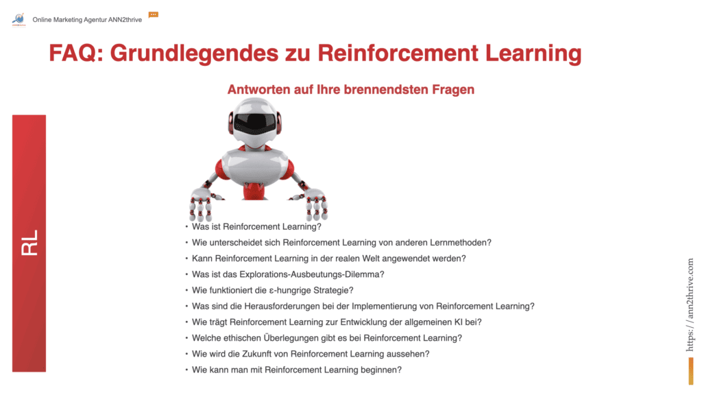 Titel: "Grundlegendes zu Reinforcement Learning: Ein FAQ-Leitfaden" Untertitel: "Antworten auf Ihre brennendsten Fragen" Hauptaussagen: Reinforcement Learning ist eine Methode des maschinellen Lernens, bei der ein Agent durch Interaktion mit seiner Umgebung und das Erhalten von Belohnungen lernt, optimale Entscheidungen zu treffen. Im Gegensatz zu anderen Lernmethoden benötigt Reinforcement Learning keine vorgegebenen Antwortdatensätze, sondern entwickelt Strategien basierend auf Erfahrungen und Rückmeldungen. Reinforcement Learning wird in verschiedenen realen Anwendungen eingesetzt, von der Automatisierung industrieller Prozesse bis hin zur Entwicklung intelligenter Empfehlungssysteme. Das Explorations-Ausbeutungs-Dilemma beschreibt die Herausforderung, zwischen der Erkundung neuer Möglichkeiten und der Ausnutzung bekannter Strategien abzuwägen. Die ε-hungrige Strategie ist ein populärer Ansatz, um zwischen Exploration und Ausbeutung zu balancieren, indem mit einer bestimmten Wahrscheinlichkeit zufällige Aktionen gewählt werden. Zu den Hauptherausforderungen bei der Implementierung von Reinforcement Learning zählen die Gestaltung effektiver Belohnungssysteme und die Sicherstellung der Stichprobeneffizienz. Ethik und soziale Verantwortung spielen eine wichtige Rolle in der Entwicklung von Reinforcement Learning-Systemen, um sicherzustellen, dass diese Technologien positive gesellschaftliche Auswirkungen haben.