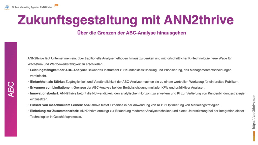 Titel: Zukunftsgestaltung mit ANN2thrive: Innovationen im Fokus Untertitel: Über die Grenzen der ABC-Analyse hinausgehen Hauptaussagen: Leistungsfähigkeit der ABC-Analyse: Bewährtes Instrument zur Kundenklassifizierung und Priorisierung, das Managemententscheidungen vereinfacht. Einfachheit als Stärke: Zugänglichkeit und Verständlichkeit der ABC-Analyse machen sie zu einem wertvollen Werkzeug für ein breites Publikum. Erkennen von Limitationen: Grenzen der ABC-Analyse bei der Berücksichtigung multipler KPIs und prädiktiver Analysen. Innovationsbedarf: ANN2thrive betont die Notwendigkeit, den analytischen Horizont zu erweitern und KI zur Vertiefung von Kundenbindungsstrategien einzusetzen. Einsatz von maschinellem Lernen: ANN2thrive bietet Expertise in der Anwendung von KI zur Optimierung von Marketingstrategien. Einladung zur Zusammenarbeit: ANN2thrive ermutigt zur Erkundung moderner Analysetechniken und bietet Unterstützung bei der Integration dieser Technologien in Geschäftsprozesse. Schlussfolgerung: ANN2thrive lädt Unternehmen ein, über traditionelle Analysemethoden hinaus zu denken und mit fortschrittlicher KI-Technologie neue Wege für Wachstum und Wettbewerbsfähigkeit zu erschließen.
