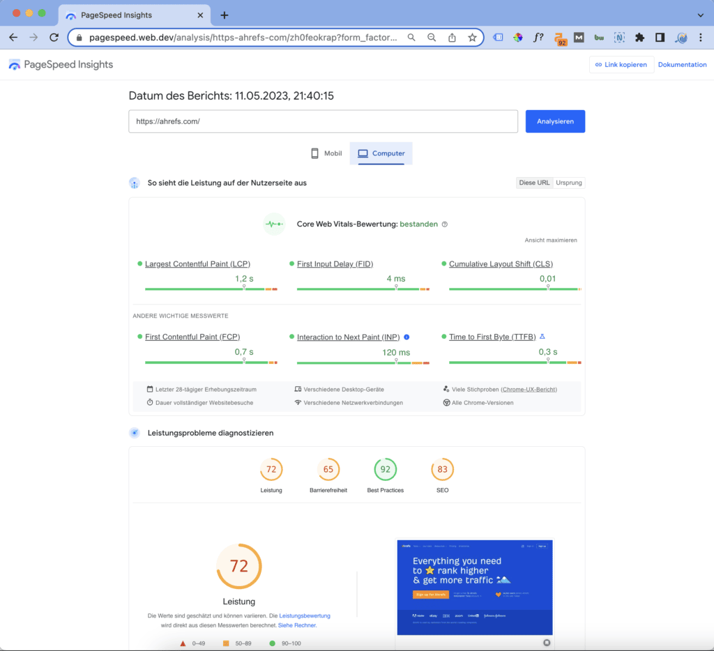 Ergebnisse des Tests von PageSpeed Insights für Ahrefs. Core Web Vitals sind am wichtigsten.
