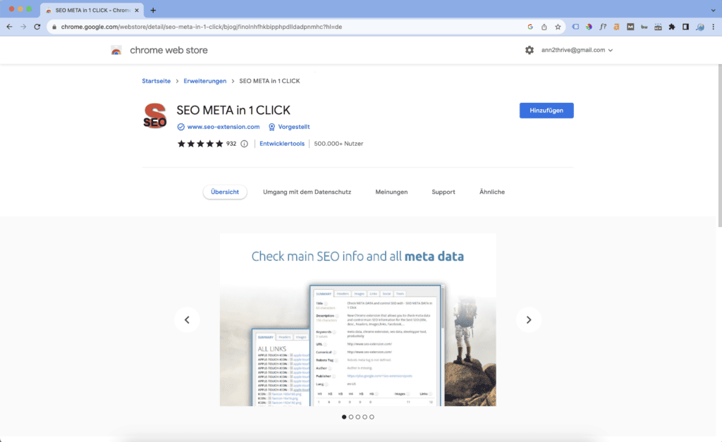 In der Welt der Suchmaschinenoptimierung (SEO) sind Details entscheidend. Und während die größten Aspekte einer SEO-Strategie oft in den Vordergrund treten, sind es die kleineren Elemente – wie Meta-Daten – die oft über Erfolg oder Misserfolg entscheiden können. Für Unternehmen, die ihre Online-Präsenz optimieren möchten, bietet ANN2thrive eine Reihe von Tools an, darunter die Chrome-Erweiterung „SEO Meta in 1 Click“. Diese bietet eine sofortige, umfassende Überprüfung der Meta-Daten jeder Webseite.