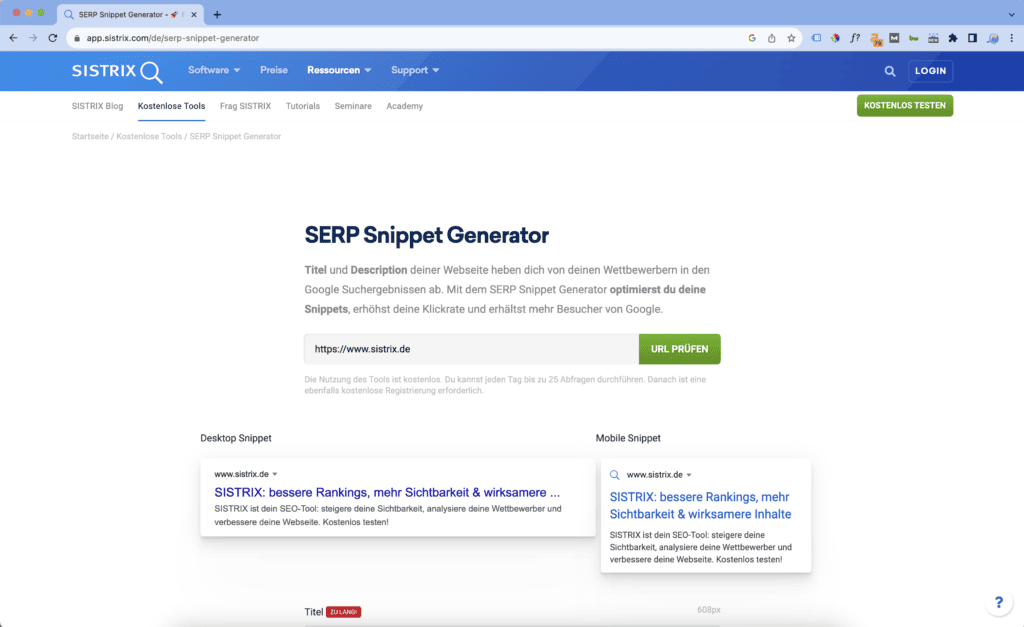 Die Kunst, in den Suchmaschinenergebnissen (Search Engine Result Pages, SERPs) aufzufallen, ist oft das entscheidende Detail, das den Unterschied zwischen einem Klick und einer übersehenen Chance ausmacht. Eines der Werkzeuge, das Marketingexperten dabei hilft, genau diese Kunst zu meistern, ist der SERP Snippet Generator von Sistrix. Dieses Tool ist dafür konzipiert, Unternehmen zu unterstützen, ihre SERP-Snippets so zu optimieren, dass sie maximale Aufmerksamkeit erregen und zu höheren Click-Through-Raten führen.