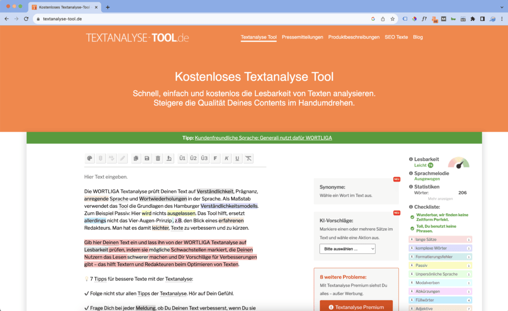 Content ist König – ein Spruch, der in der digitalen Marketingwelt nicht unbekannt ist. Jedoch reicht es nicht aus, nur qualitativ hochwertigen Inhalt zu produzieren; dieser muss auch suchmaschinenoptimiert sein. Hierbei kann Textanalyse-tool.de, ein spezielles Online-Tool zur Textanalyse, hilfreich sein. Es ermöglicht die Analyse von Inhalten unter Berücksichtigung von SEO-Kriterien, um sicherzustellen, dass Ihre Texte nicht nur für Menschen, sondern auch für Suchmaschinen ansprechend sind.