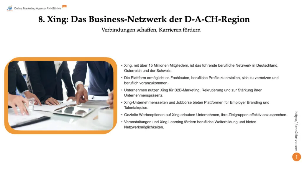 Titel: Xing: Das Business-Netzwerk der D-A-CH-Region Untertitel: Verbindungen schaffen, Karrieren fördern Hauptaussagen: - Xing, mit über 15 Millionen Mitgliedern, ist das führende berufliche Netzwerk in Deutschland, Österreich und der Schweiz. - Die Plattform ermöglicht es Fachleuten, berufliche Profile zu erstellen, sich zu vernetzen und beruflich voranzukommen. - Unternehmen nutzen Xing für B2B-Marketing, Rekrutierung und zur Stärkung ihrer Unternehmenspräsenz. - Xing-Unternehmensseiten und Jobbörse bieten Plattformen für Employer Branding und Talentakquise. - Gezielte Werbeoptionen auf Xing erlauben Unternehmen, ihre Zielgruppen effektiv anzusprechen. - Veranstaltungen und Xing Learning fördern berufliche Weiterbildung und bieten Netzwerkmöglichkeiten.