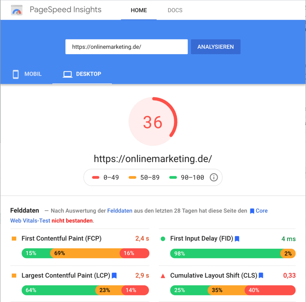 PageSpeed Insights Ergebnis von onlinemarketing.de für Desktop.