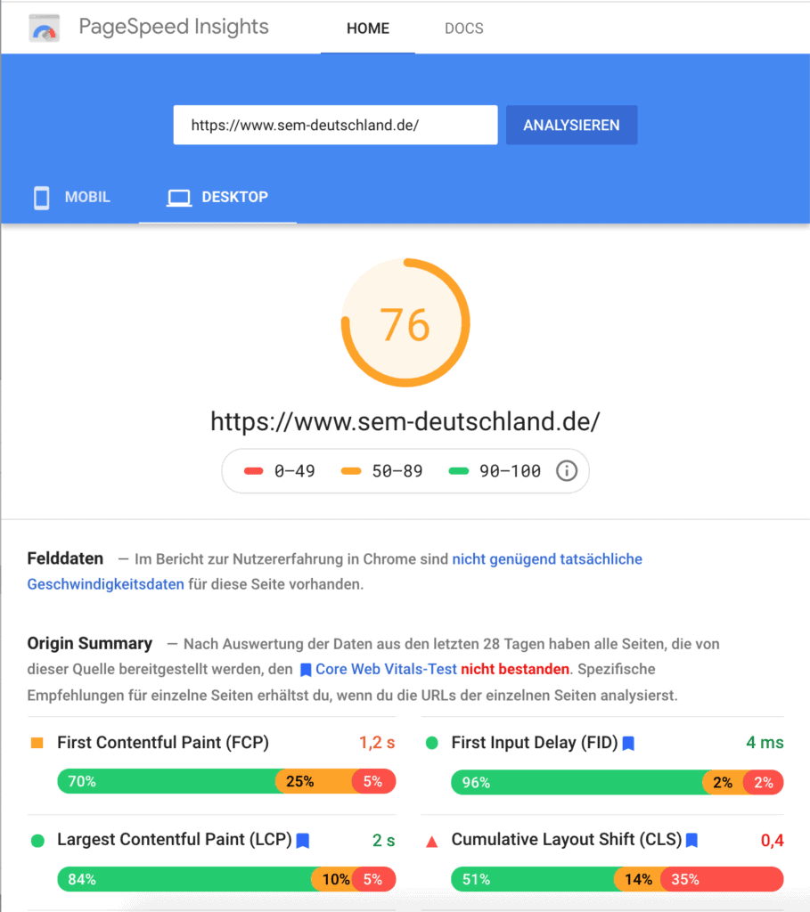PageSpeed Insights Ergebnis von www.sem-deutschland.de für Desktop.