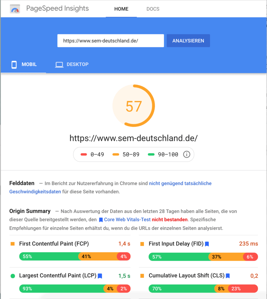 PageSpeed Insights Ergebnis von www.sem-deutschland.de für Mobilgeräte.