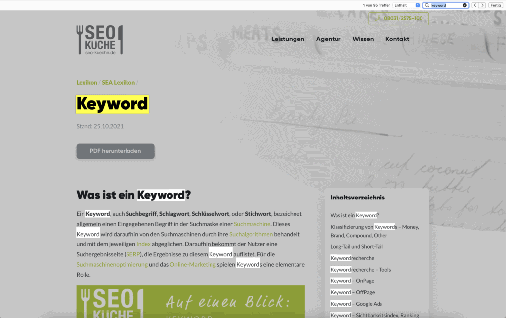 SEO Keywords for seo-kueche.de