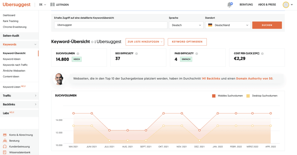Ubersuggest Bildschirm