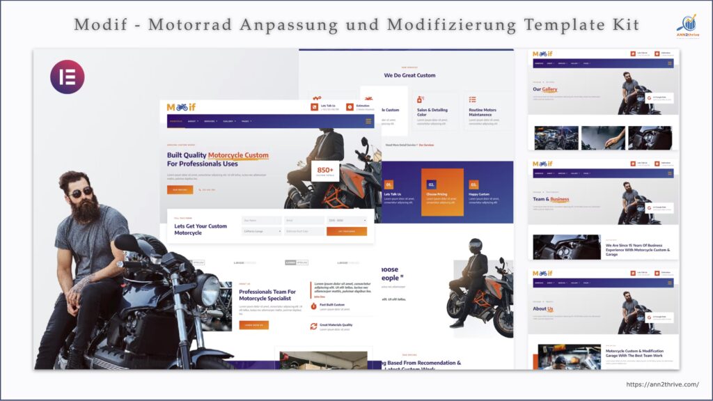 Infografik - Modif - Motorrad Anpassung und Modifizierung. Modif - Motorrad Anpassung und Modifizierung Template Kit ist eine Sammlung von Layouts für Homepage, Über uns, Team & Unternehmen, Unsere Dienstleistungen, Dienstleistung Single, Preise, Unsere Galerie, Testimonials, FAQ, Kontakt, 404, Blog, Single Post, Archiv Blog, Header, Footer, Popup Off Canvas Menu. https://ann2thrive.com/