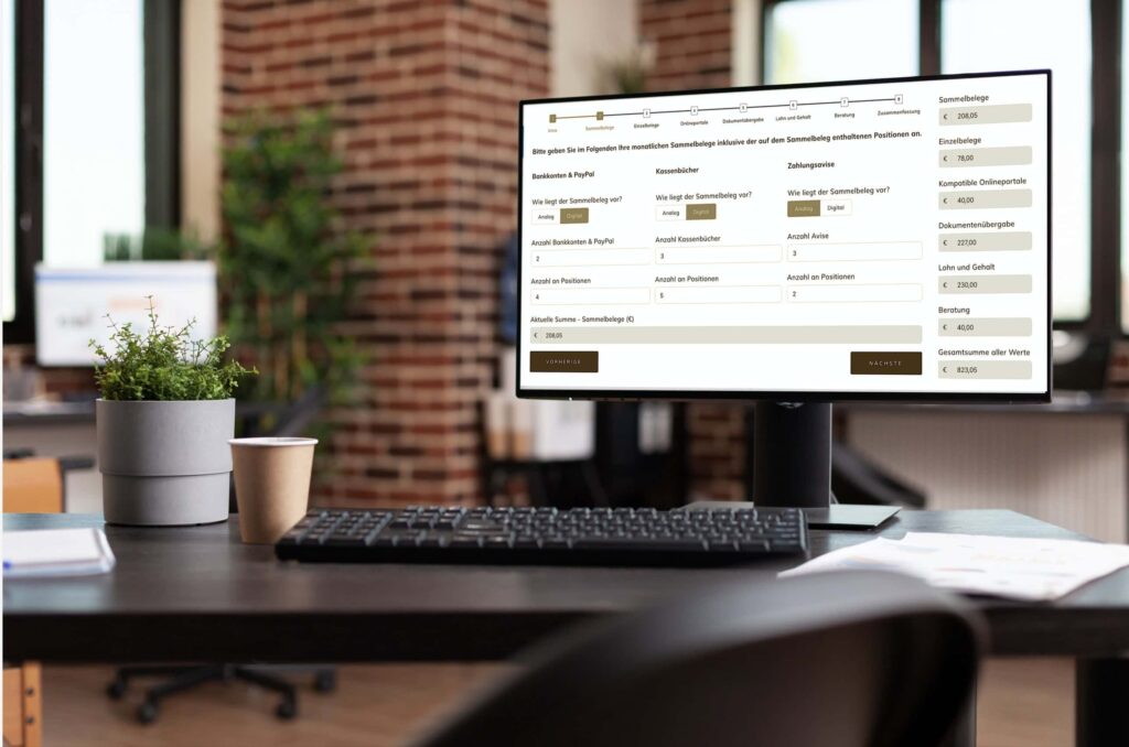 Bildschirm mit einem Online-Konfigurator für Buchhaltungs- und Dienstleistungsunternehmen, der automatisch Preise berechnet und Anfragen strukturiert.