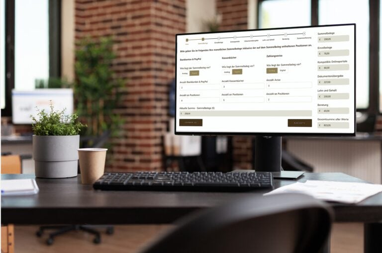 Bildschirm mit einem Online-Konfigurator für Buchhaltungs- und Dienstleistungsunternehmen, der automatisch Preise berechnet und Anfragen strukturiert.