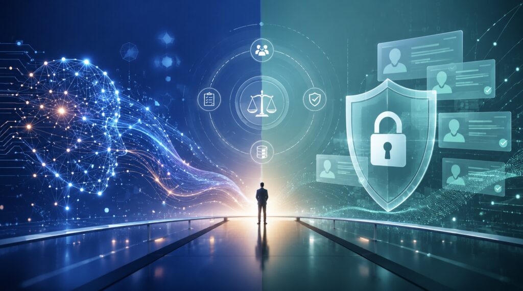 Symbolische Darstellung von künstlicher Intelligenz, geschützten Kundendaten und Datenschutz im digitalen Zeitalter.
