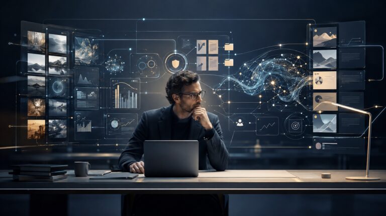 Ein Experte analysiert Daten und Inhalte mit KI und verbindet menschliche Erfahrung, Analysen und Wissensdatenbanken
